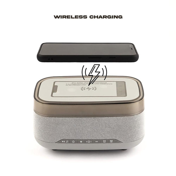 Wireless Mobile Charger Clock with Bluetooth Speaker | Sound Base | Alarm | Ambient Lights
