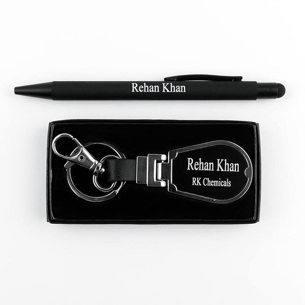 Premium Black Pen and Key Chain Set Name Engraved