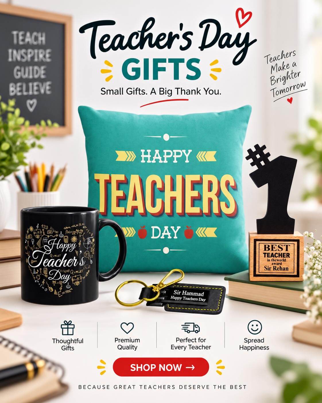 Teacher's Day gift featuring a teal pillow with 'HAPPY TEACHERS DAY' text, a black mug with gold script, a black keychain, and a black chess piece trophy, arranged on a desk with promotional text overlays.