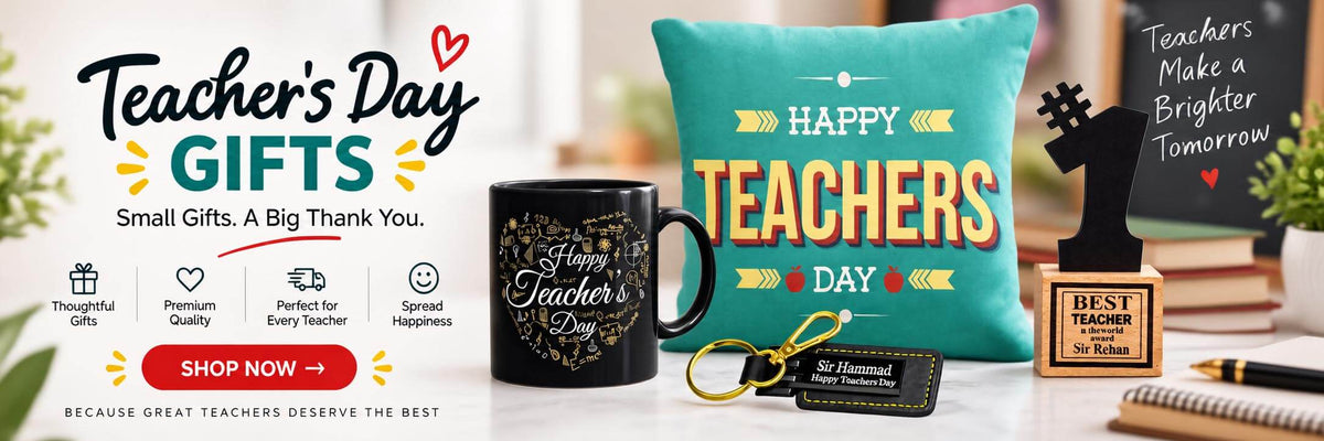 Teacher's Day gift featuring a black ceramic mug with gold 'Teacher Teacher' text, a teal pillow with yellow and red 'HAPPY TEACHERS DAY' lettering, a small black chalkboard, and a wooden best-teacher stamp, arranged on a white desk with promotional text overlays.