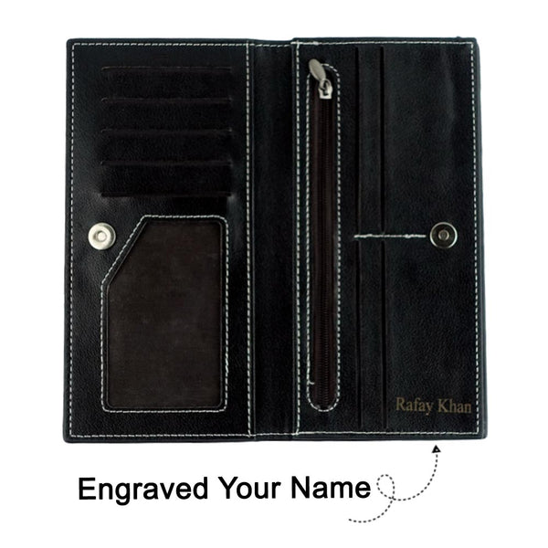 Magnetic Button Long Wallet Unisex Name Engraved